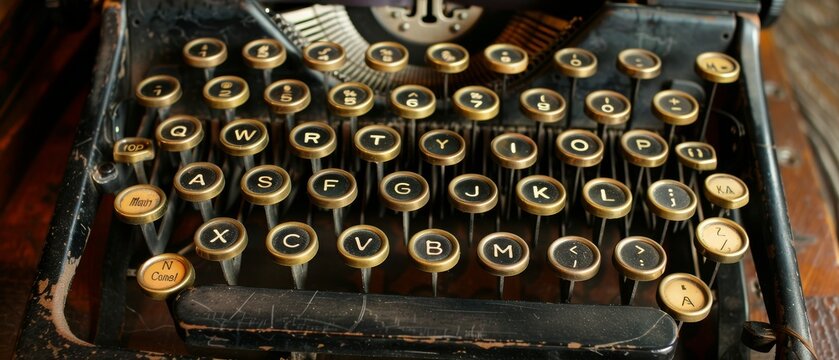 Closeup of an antique typewriter keyboard with vintage keys, capturing the essence of old-fashioned writing tools.