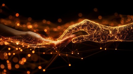 Poster - connection of human and robotic hands through glowing data streams in a digital network