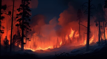 Intense Wildfire Engulfing a Forest at Dusk.