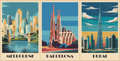 Wall Mural - Set of Travel Destination Posters in retro style. Melbourne, Australia, Barcelona, Spain, Dubai, UAE prints. Exotic summer vacation, holidays, tourism concept. Vintage vector colorful illustrations.