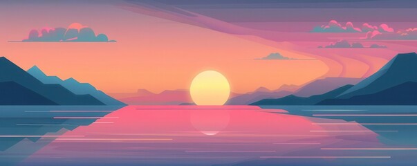 sunset horizon flat design front view calm evening cartoon drawing colored pastel