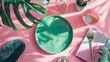 © Ali - Green plate with stylish accessories on pink background closeup