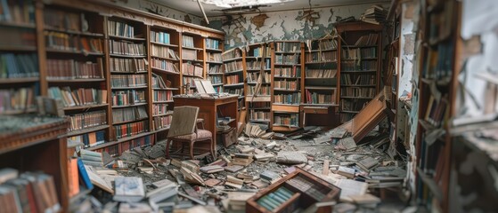 Wall Mural - Destroyed library with books and furniture strewn about after an earthquake
