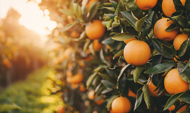 oranges on trees in an orange orchard-generative ai