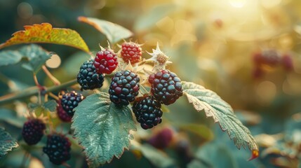Wall Mural - Ripe blackberries growing in the garden or forest