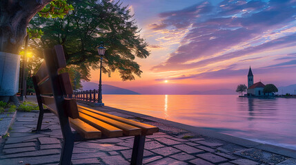Wall Mural - A calming bench near a tranquil church with a view of the sea