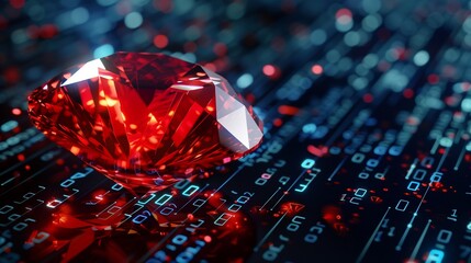 A glowing ruby stone symbolizes the Ruby on Rails programming language, set against an abstract background of byte code, representing the fusion of technology and innovation in web development.