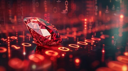 A glowing ruby stone symbolizes the Ruby on Rails programming language, set against an abstract background of byte code, representing the fusion of technology and innovation in web development.