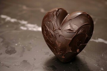 Poster - Closeup of a chocolate heart with artistic swirls on a dark surface, symbolizing love and indulgence