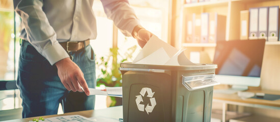 Businessman put paper waste on small tiny recycle bin in his office