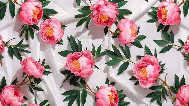 Floral pattern made of pink peonies green leaves branches on white background flat lay top view valentine s background floral background pattern of flowers
