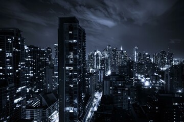 Poster - Black and white cityscape at night, showcasing the glowing windows of skyscrapers