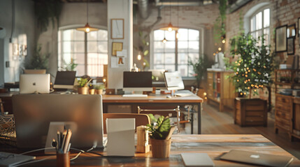 Wall Mural - Cozy Workplace with Laptop and Plants.