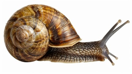 Snail crawling on a white background showing the beautiful texture of its shell