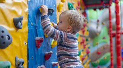 Wall Mural - Little kid having fun while climbing an artificial wall indoors