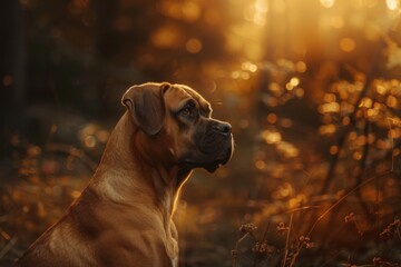 A brown dog gazes at the sun while stationed in a field