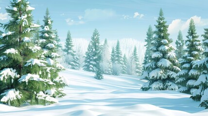 Wall Mural - Fresh snow blankets the ground and trees, creating a pristine winter scene. The clear sky adds a touch of magic to the landscape.