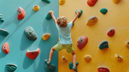 Wall Mural - Little kid having fun while climbing an artificial wall indoors