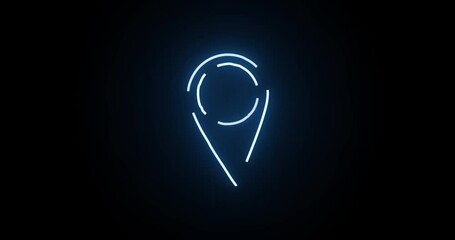Leinwandbilder - Neon light, location and icon with motion of animation or pin point on a black background. Abstract sign, symbol or direction with glow, outline or loop of marking, lines and circle for destination