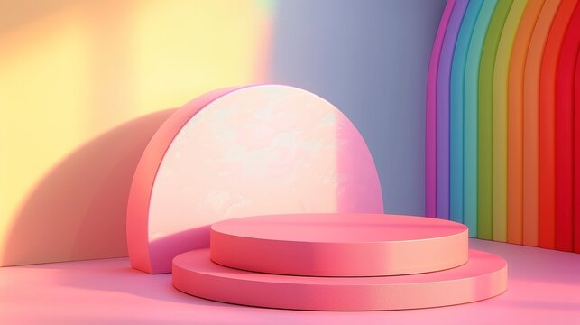 ith rainbow colorful in corner room. Abstract composition in minimal design. Studio showroom product pedestal, Fashion showcase mockup scene. Banner cosmetic