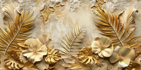 Gold floral plants and palm leaves Wallpaper Mural, 3d illustration, grey background, abstract tropical leaves, banana leaves with 3d lines. AI generated illustration
