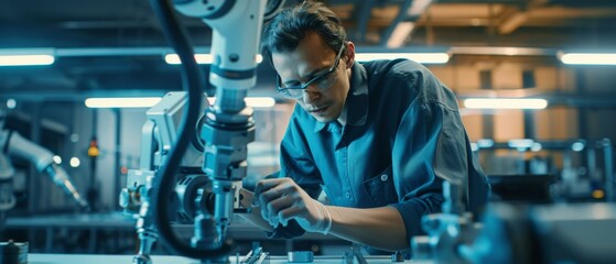 Engineer working on a high-tech industry machinery in a modern factory, showcasing innovation and precision in the manufacturing process.