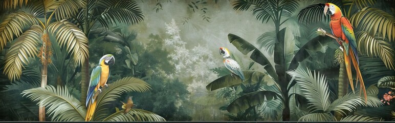 Jungle mural wallpaper design with parrot, colorful design, tropical and exotic. AI generated illustration