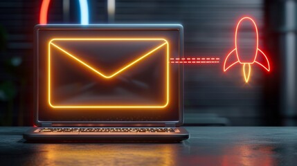 Poster - Laptop silhouette on colorful gradient background with envelope launching like a rocket