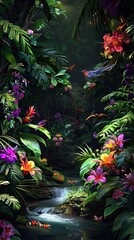 Wall Mural - Dark rainforest sun rays through the trees and birds digital illustration. AI generated illustration.