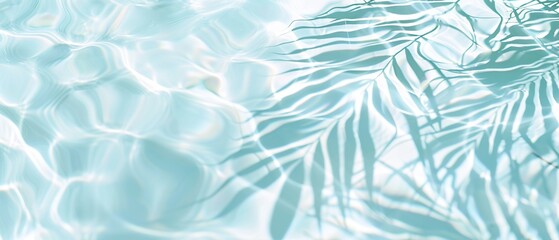 Wall Mural - Elegant minimalist background concept featuring close-up water surface with gentle ripples and subtle blurred palm leaf shadows on the beach, evoking a peaceful, natural and pure atmosphere.