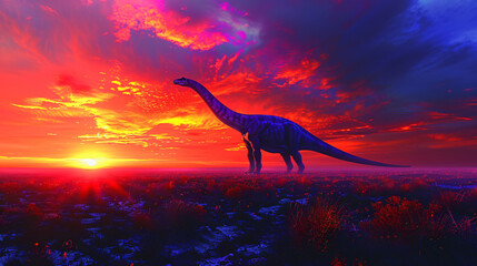 A silhouette of a long-necked diplodocus against a vibrant sunset background.