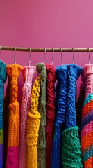 Canvas Print - Multicolored knitted clothes background. Handmade or factory-made clothes. Cozy knitted things