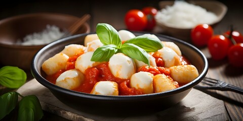 Wall Mural - Delicious Gnocchi with Melted Mozzarella and Tomato Sauce on Wooden Table. Concept Cooking, Italian Cuisine, Food Presentation, Homemade Meals, Comfort Food