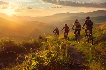 A group of people riding bikes on a mountain trail at sunset