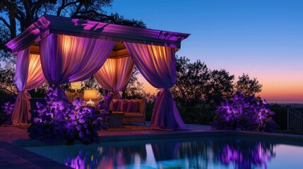 Sticker - A poolside cabana at dusk, draped with lavender-colored fabric, illuminated by soft purple LED lights, with arrangements of purple orchids and lilacs enhancing the romantic atmosphere.