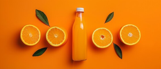Fresh orange juice filled bottle and halved oranges with green leaves on a bright orange background, top view, healthy drink concept.