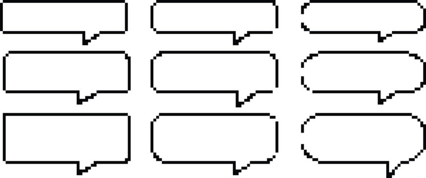 Pixel speech bubbles pack. Text boxes for chats and games. Vector illustration in 8 bit pixel art style.