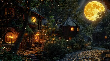 Wall Mural - A fairy tale setting with a golden full moon illuminating a quaint village, with cobblestone paths and twinkling lights in the windows, nestled in a lush, dark forest.