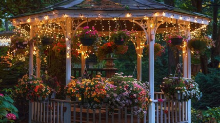 Sticker - A garden gazebo with a whimsical feel, featuring hanging baskets of colorful begonias and fairy lights strung around the perimeter, ideal for a magical summer evening.