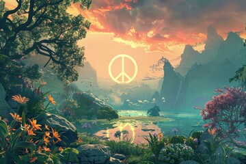 Wall Mural - Digital artwork of a tranquil fantasy valley with a peace symbol glowing at dusk