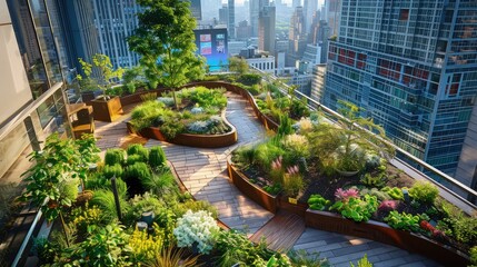 A hotel's rooftop garden designed with walking paths among raised beds of native plants, offering a quiet retreat with a spectacular view of the 