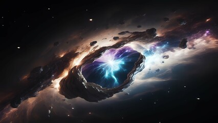 Silver, blue, and orange gas nebula in outer space.  AI Generated