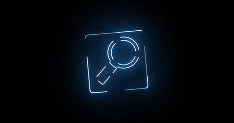 Leinwandbilder - Neon light, magnifying glass and icon with motion of animation or search on a black background. Abstract sign, mockup or object with glow, outline or loop of marking, line or circle for investigation
