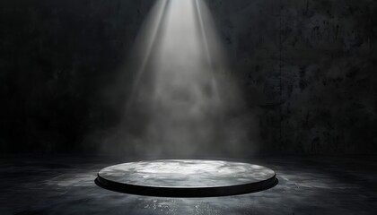 Wall Mural - Round platform with light shining on a black background