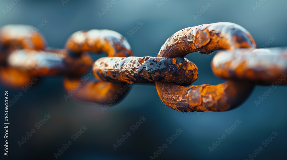 A chain link is shown in a close up. The chain is rusted and worn, and ...