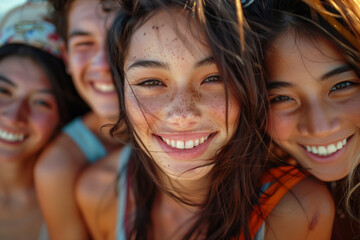 Close Up Portrait of Three Happy Young Adults Smiling at the Camera