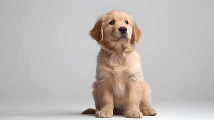 Adorable Golden Retriever puppy sitting against a plain grey background, looking attentively forward. Perfect for pet-themed content.