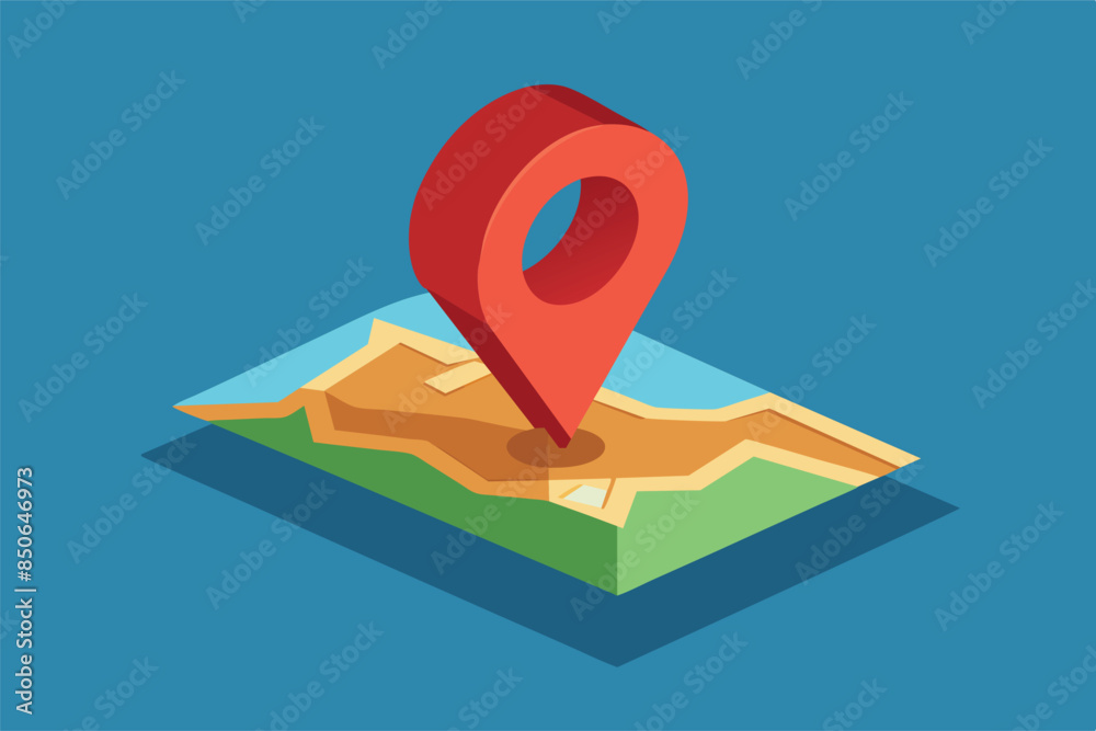 a two-dimensional map with a three-dimensional red location icon. This ...