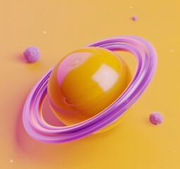 Canvas Print - A yellow planet with a purple ring system sits on a golden surface