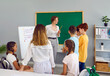 © Studio Romantic - Group of elementary school students gathered around smiling teacher in classroom. Schoolchildren listening attentively to their educator who giving presentation at whiteboard. School education concept